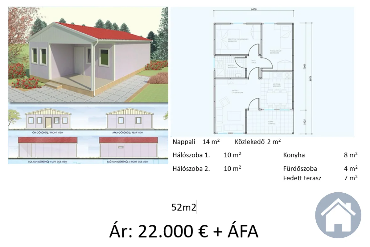 Könnyűszerkezetes ház 52m² – 52 m², 2 szoba, konyha, 1 fürdő | Gyors Ház