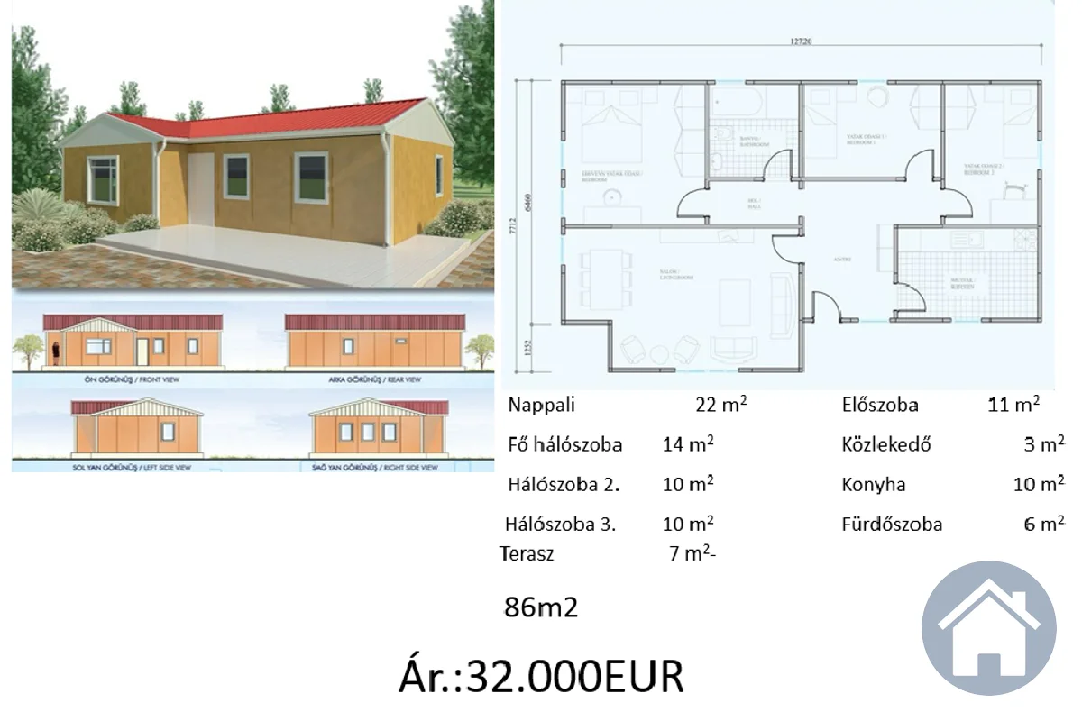 Könnyűszerkezetes ház 86m² – 86 m², 3 szoba, konyha, 1 fürdő | Gyors Ház