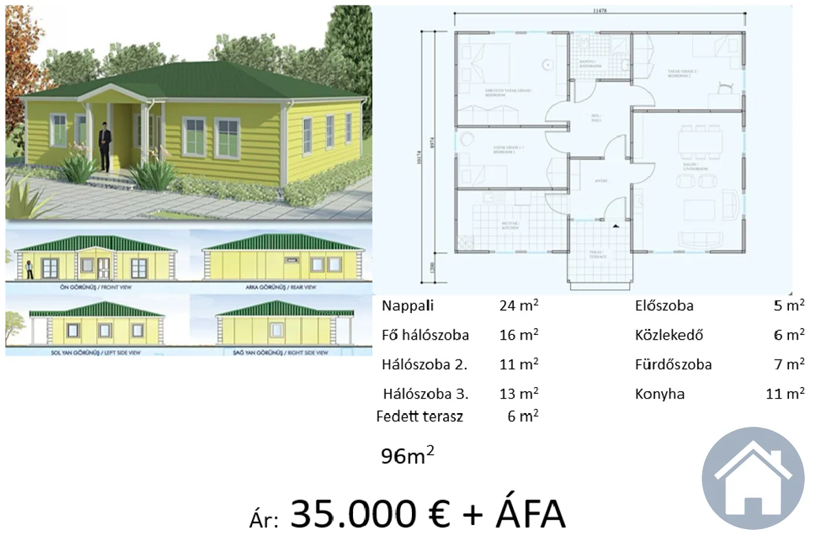 Könnyűszerkezetes ház 96m² – 96 m², 3 szoba, konyha, 2 fürdő | Gyors Ház